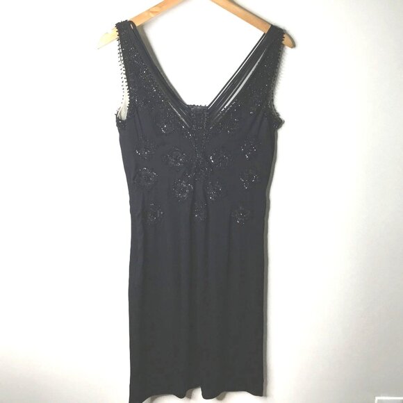 Vintage BADGLEY MISCHKA Triple V Neck Hand Beaded Silk Black Cocktail Dress 8 - Picture 4 of 10